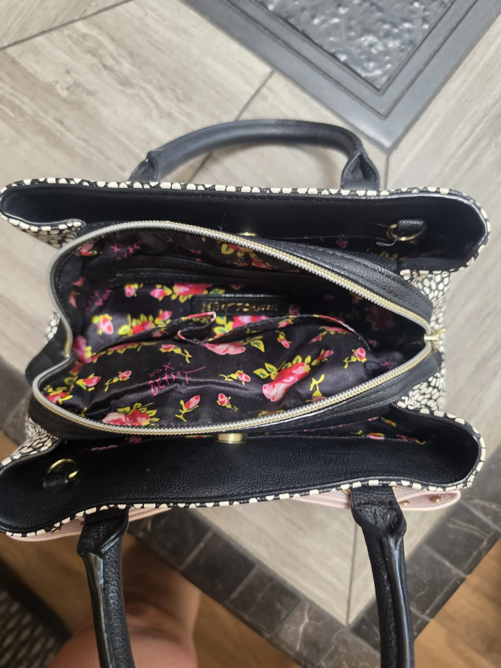 Betsey Johnson Black & White Dot Satchel with Pink Bow